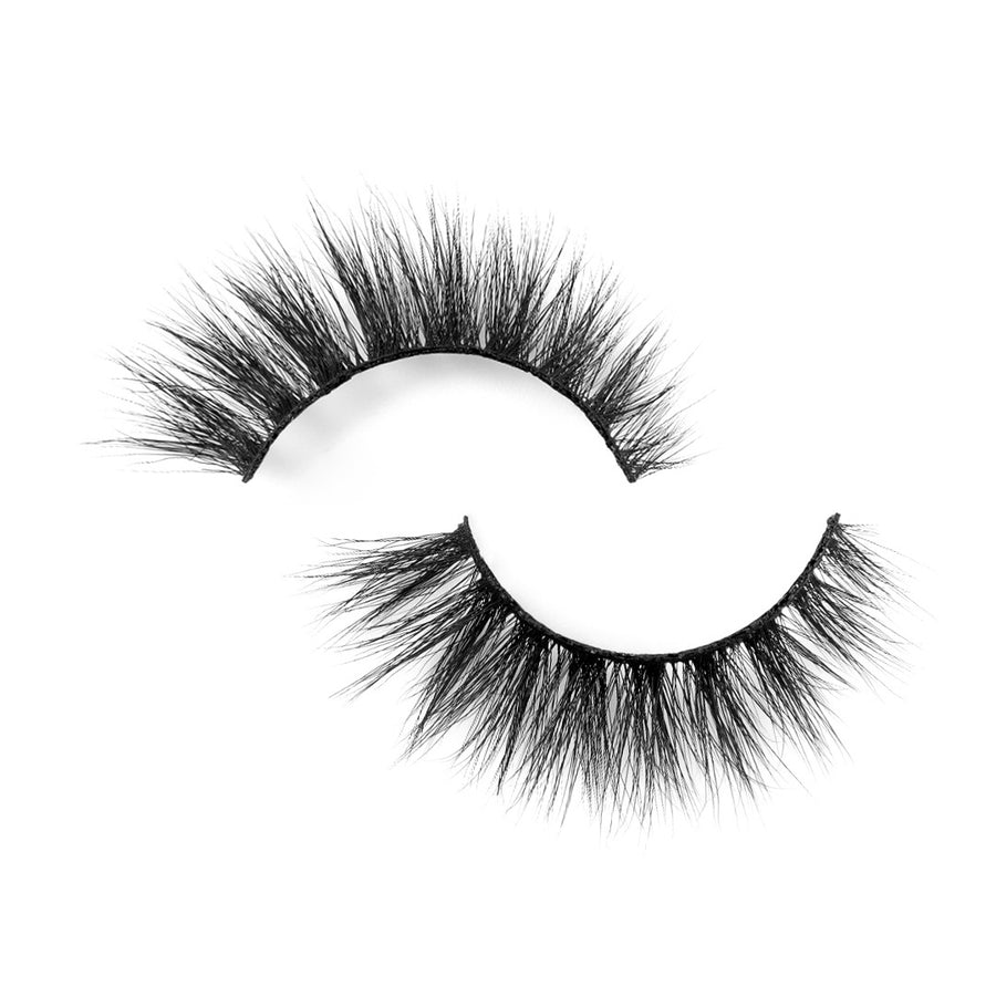 Suntarah Beauty 3D Faux Mink False Strip Eyelash in Style F-105.  Lash has medium volume, a tapered shape, and black strong, flexible band.  Lash is lying flat against a white backdrop.